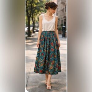 Talbots Vintage 90s Floral Rayon Midi Skirt High Waist Made in USA 26” Waist